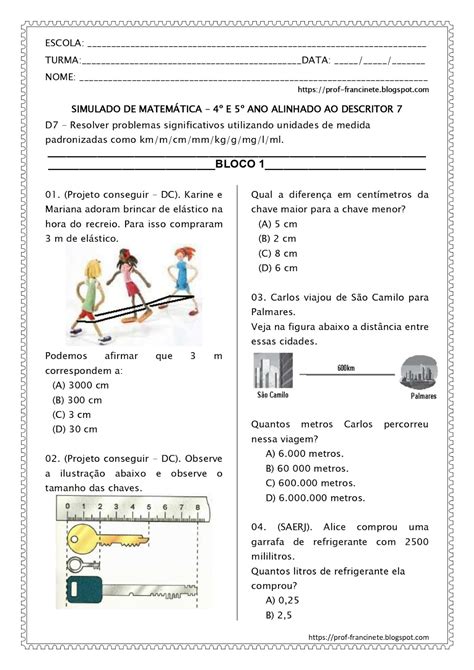ATIVIDADE / SIMULADO DE MATEMÁTICA PARA O 5º ANO .